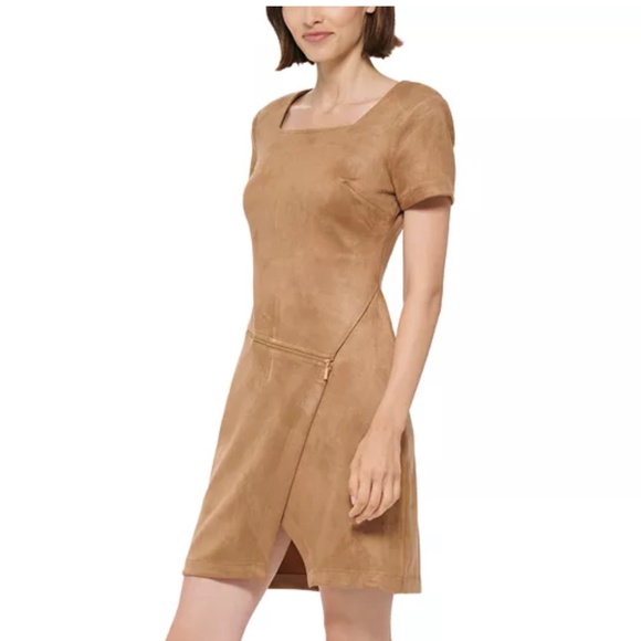 Calvin Klein Collection Dresses & Skirts - Camel Faux Suede Mini Dress – Square Neck Zip Detail Short Sleeve Calvin Klein